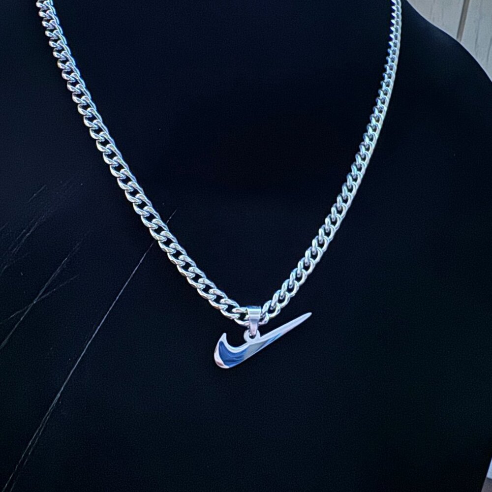 Nike Necklace - Nike Swoosh Pendant - 5mm Cuban - Silver - 22" Cuban Chain - Y2K